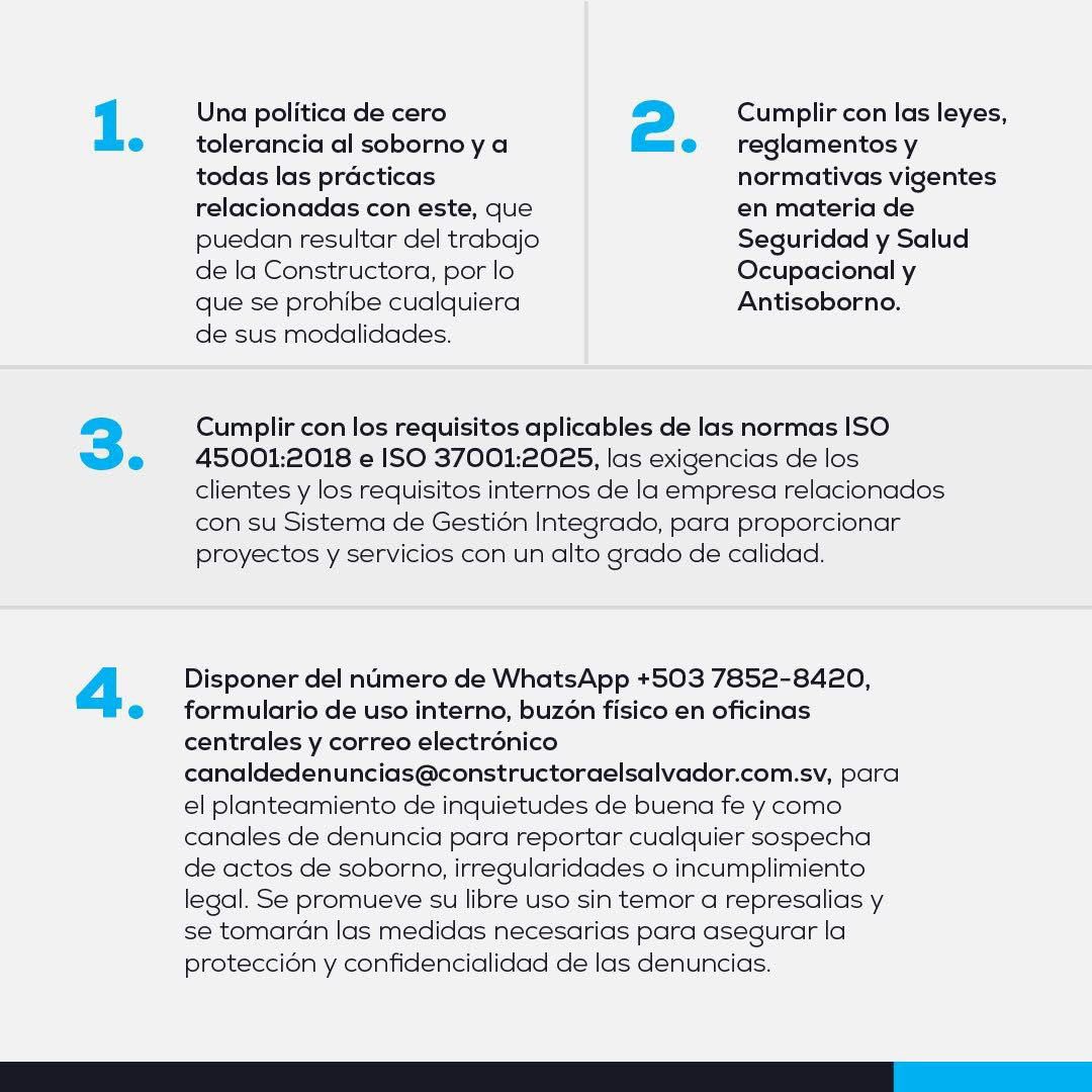 ConstructoraSV's tweet photo. Comprometidos con la mejora continua. ✅

A través de nuestro Sistema Integrado de Planificación y Gestión, fortalecemos la calidad de nuestros servicios, la seguridad ocupacional y una política de cero tolerancia al soborno. 📌 https://t.co/MG8lLzXlWk