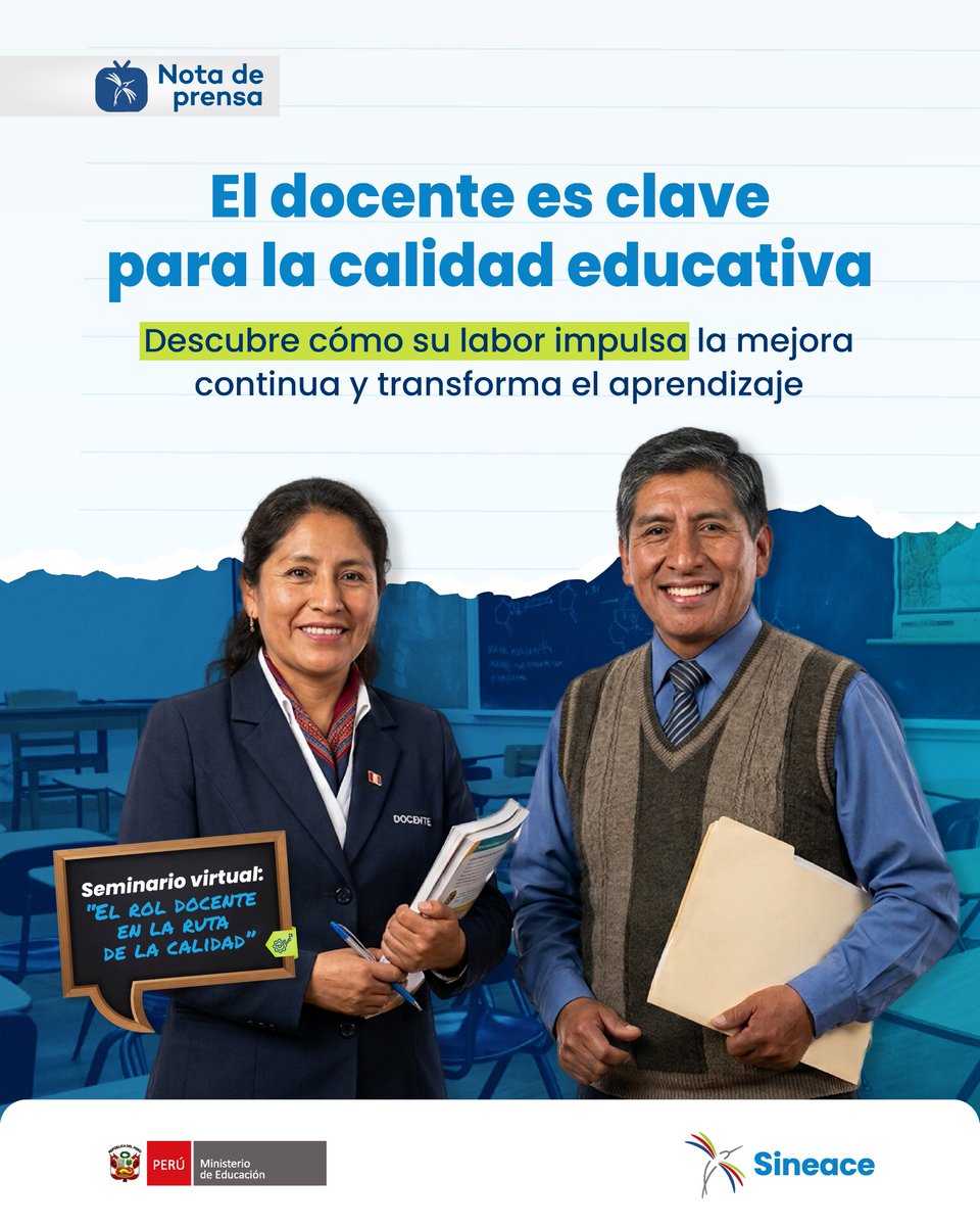SineacePeru's tweet photo. 🔵🟢Seminario virtual | ¿Por qué el docente es clave para la calidad educativa?​

📆Día: 14 de julio​
⏰Hora: 3:30 p.m.​

🔗Ingresa desde aquí al evento virtual: https://t.co/eceHhO8VUb

​#Sineace #Ipeba #CalidadEducativa #RolDocente #MejoraContinua #Webinar #Educación https://t.co/sg4Ssy5xSl