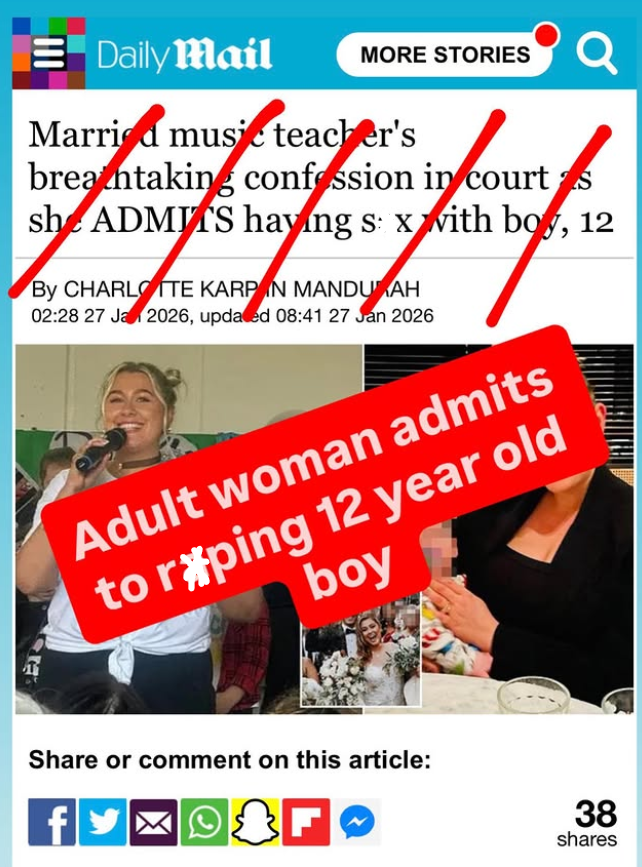 TheRight_Words_'s tweet photo. This is one of  the most egregious examples we have come across.

A 12 year-old CHILD cannot consent. This was child r**ed.

When the perpetrator is a woman, suddenly language gets soft, poetic, even sympathetic.

Words matter. And when the media gets them wrong, it protects perpetrators and erases victims.

@DailyMail - we’d love for you to join our campaign, take the pledge, and use survivor-centred language. 

Link in our bio.

#CallItForWhatItIs #WordsMatter
#MediaAccountability