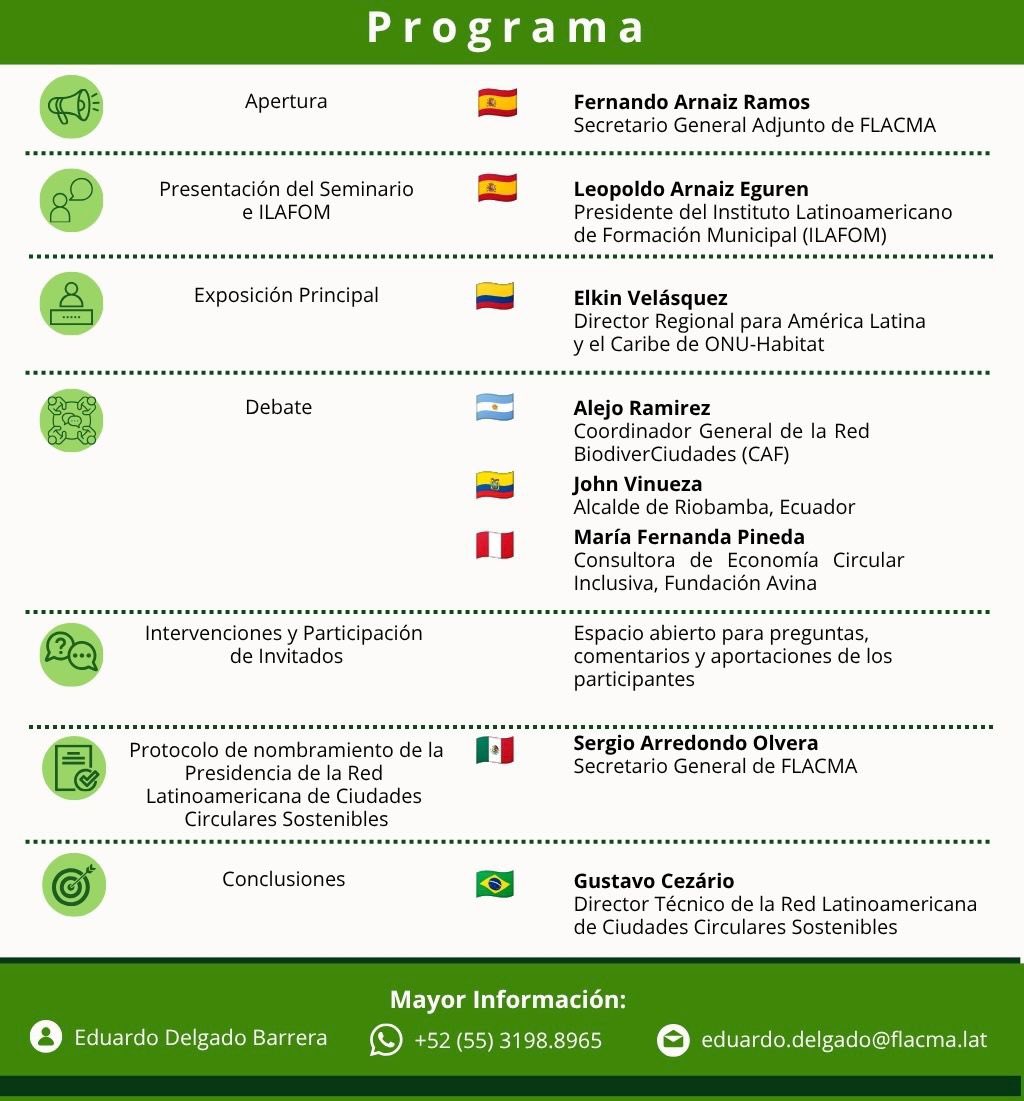 FLACMA_'s tweet photo. Conoce Programa y participa:

<Seminario Internacional de Ciudades Circulares y Gobernanza Local>

Panelistas de alto nivel: @onuhabitat @AgendaCAF @FundacionAVINA @ILAFOM_

🗓️ Este jueves 9 de Julio

👉 Conecta tu ciudad en la economía circular

🔗Acceso: https://t.co/pzQt6TpbUT https://t.co/yiiZO9Nmd6