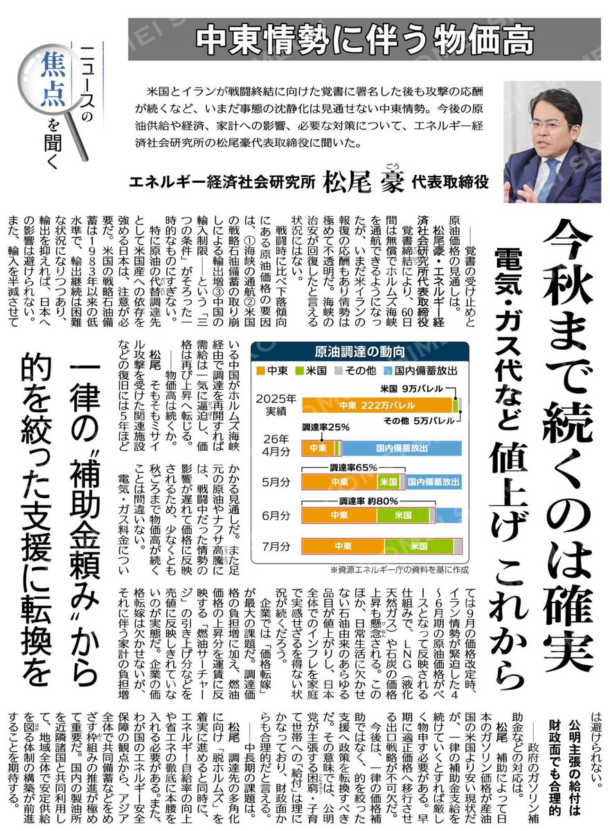 ryu2kamo10's tweet photo. わが国のエネルギー安全保障の観点から、アジア全体で共同備蓄などをめざす枠組みの推進が極めて重要だ

（ニュースの焦点を聞く）中東情勢に伴う物価高／今秋まで続くのは確実／エネルギー経済社会研究所　松尾豪代表取締役 

#公明新聞電子版 2026年07月08日付  https://t.co/v1jSLkdCIr https://t.co/UeXMaHs4rg