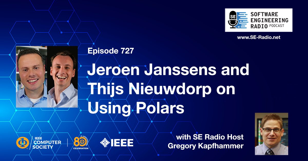 seradio's tweet photo. Jeroen Janssens, a senior developer relations engineer at Posit, and Thijs Nieuwdorp, a developer relations engineer at Polars, discuss the Polars Python package for transforming, analyzing, and visualizing data. https://t.co/Ub0KxWecbA @ComputerSociety @ieeesoftware https://t.co/vtuiid6n97