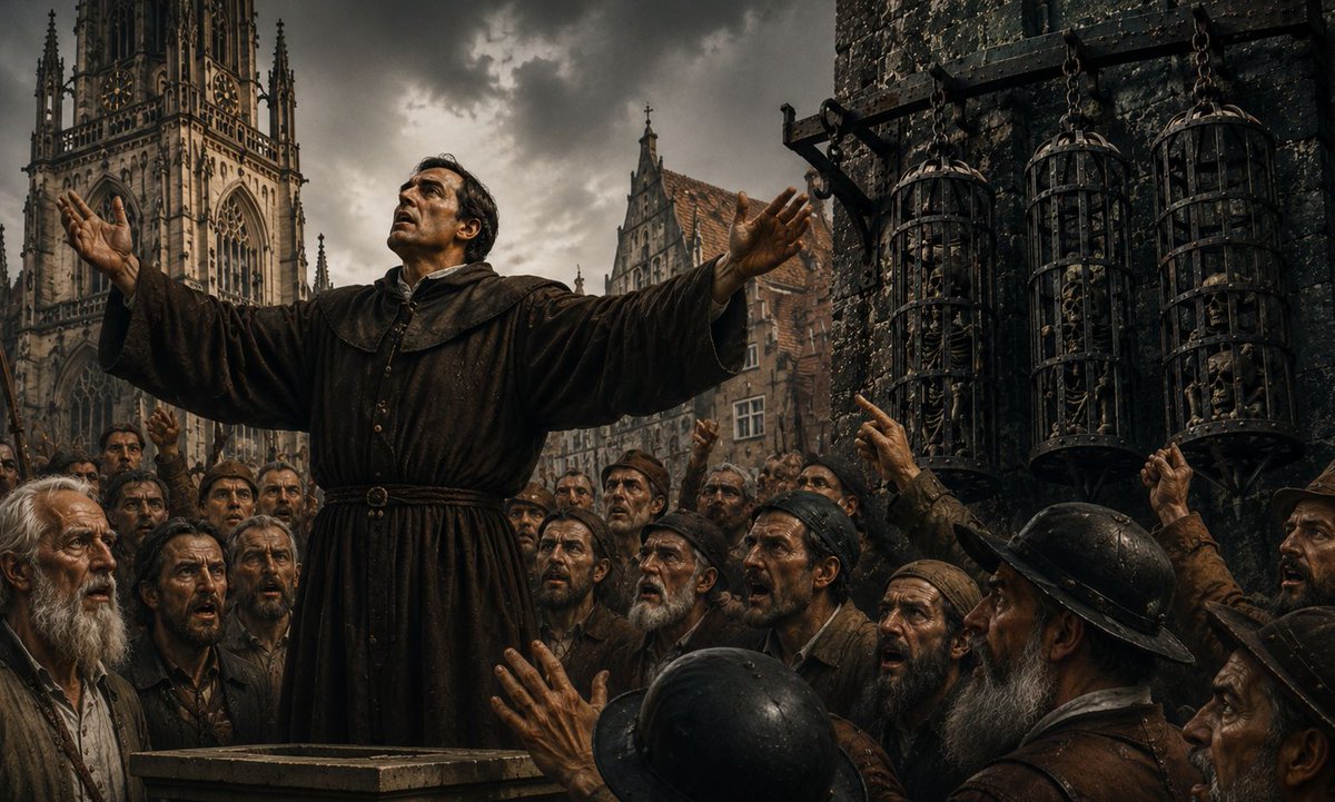 sfliberty's tweet photo. Three iron cages hang from a church tower in the German city of Münster. They have been there for almost 500 years. 

Inside them, once, were the bodies of men who tried to build heaven on earth by abolishing private property.

Münster wants its people to know what put them there. 🧵
