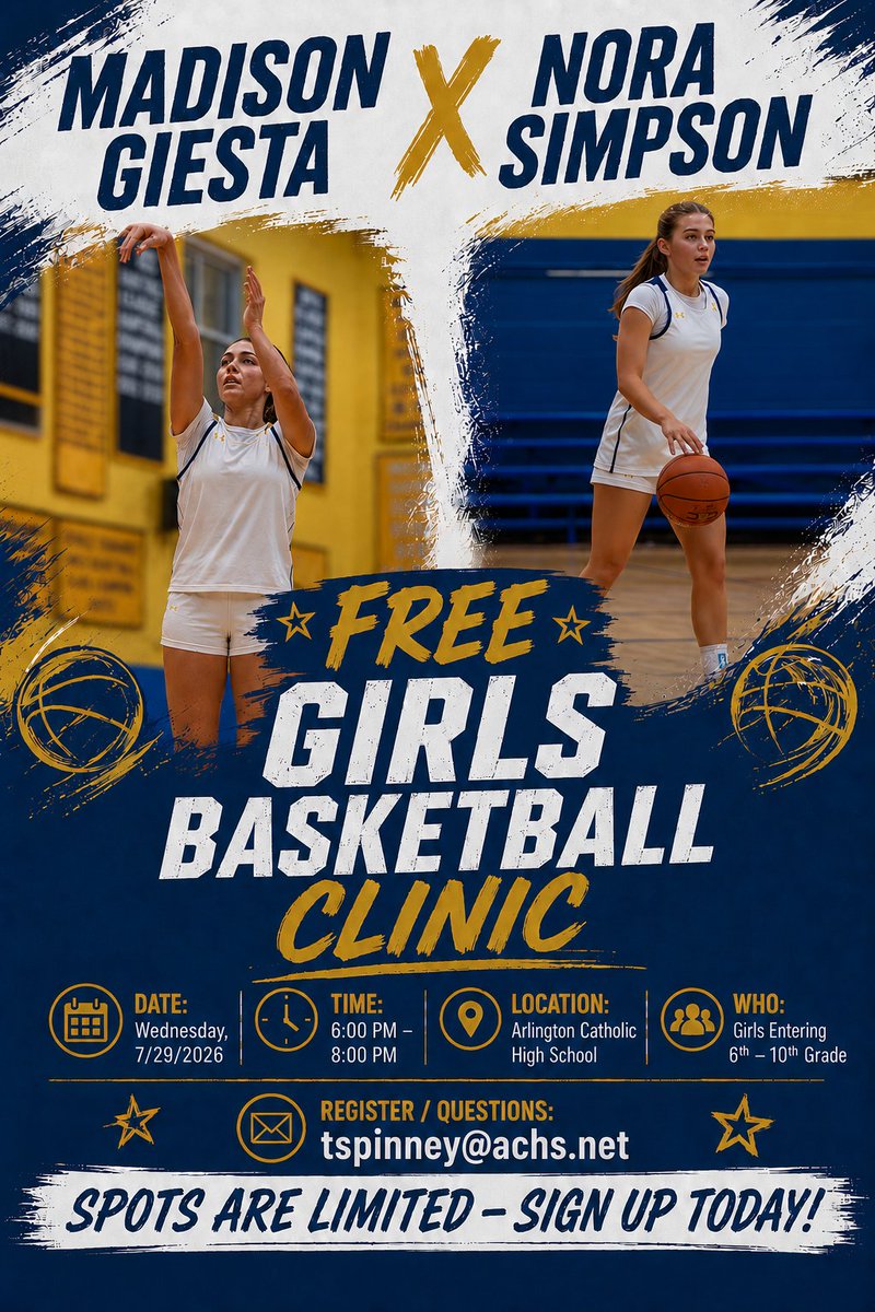 ACHSGirlsHoop's tweet photo. 🏀 Free Girls Basketball Clinic 🏀

📅 Wednesday, July 29th 
🕕 6:00PM - 8:00PM 
📍 Arlington Catholic High School 
👧 Girls entering 6th - 10th grade

For registration and/or questions, e-mail tspinney@achs.net https://t.co/QDera4rBTc