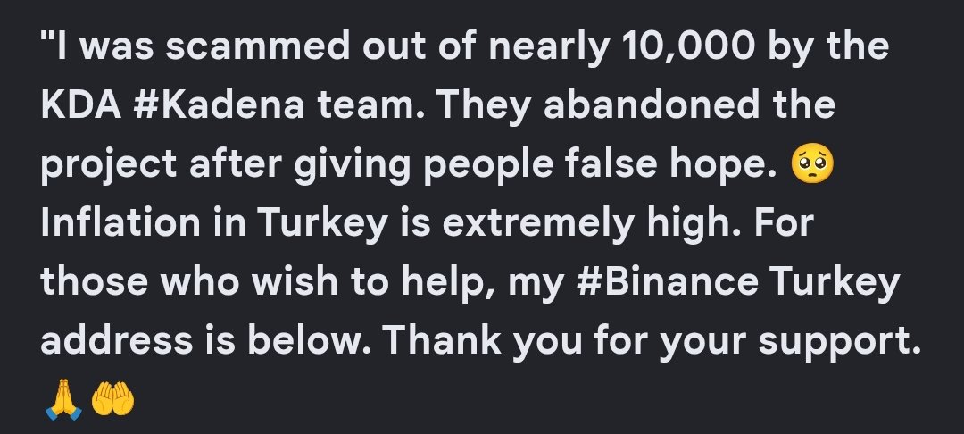 zendirece's tweet photo. I was scammed out of nearly 10k  by the $KDA #Kadena team. 🥺🤕
TR110001500158007309714395
BINANCE TURKEY KRIPTO VARLIK ALIM SATIM PLATFORMU ANONIM SIRKETI

#bitcoin $bitcoin #ripple $xrp #sol $sol #solana #bnb $bnb #eth $eth #doge $doge #zec #ada #binance #kucoin #meme https://t.co/dpdAcTlk1r