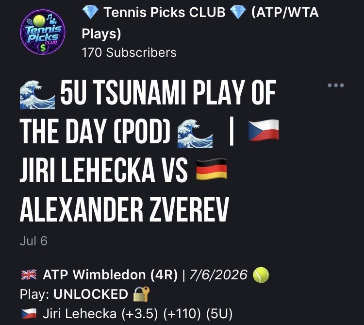 SBPulseOfficial's tweet photo. 🇬🇧 ATP Wimbledon (4R) | 7/6/2026 🎾

🌊 5U TSUNAMI PLAY OF THE DAY (POD) 🌊 

🇨🇿 Jiri Lehecka vs 🇩🇪 Alexander Zverev

✅ 🇨🇿 Jiri Lehecka (+3.5) (+110) (5U)

💸 CASH IT &amp; SPLASH IT! 🚿

✅ 1-0 (+5.5U) 🏆

🔥 HEATER ALERT 🔥

📊 5U POD is now 3-0 (L3) (+15.5U) 🏆 https://t.co/6CvKIVVuXC