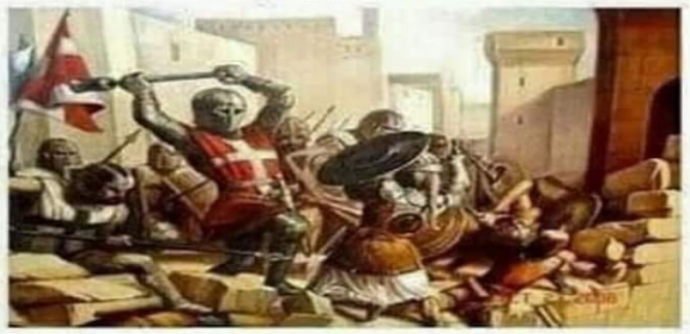 granfifer's tweet photo. @TimNoEgo The bottom portrait depicts the Siege of Acre in 1291. The Crusaders were defending the last major Christian stronghold in the Holy Land against the invading Mamluk Muslim army, intent on spreading its religion through war. https://t.co/vHkG3VdRVE