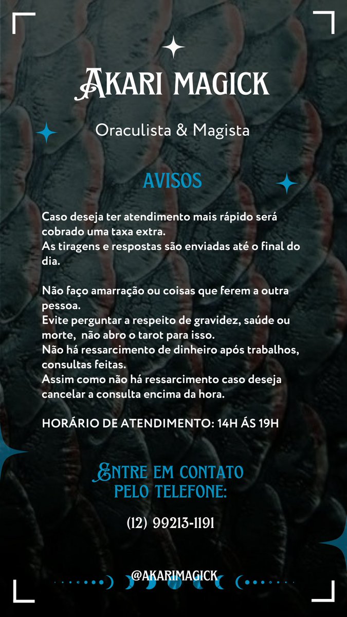 akarimagick's tweet photo. ▫️Olá, me chamo Akari. Quer agendar uma consulta comigo? Nessa thread tu encontrará todas as infos sobre os meus métodos, valores e como funciona meu trabalho.😊☕

▫️Para agendamentos ou dúvidas:
https://t.co/0OhoGBcxiE…

▫️Seja bem vinde e é um prazer lhe ter por aqui.🌷 https://t.co/xtV34StSPR