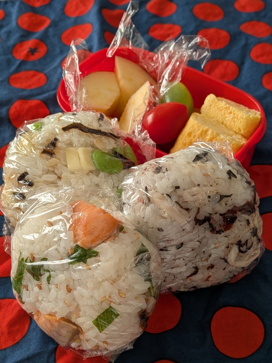 hyaskoy's tweet photo. #055
おにぎり（枝豆＋チーズ＋ごま昆布、梅ひじき＋サラダチキン、鮭＋大葉＋ごま）、玉子焼き、など。お昼ごはん食べてすぐ部活、のときのおにぎり弁当。暑くなりそう。体調気をつけて。あ！フォーク入れ忘れた！⋯なんとかなるか⋯
#高校生弁当
#男子高校生弁当 
#お弁当記録 https://t.co/PEQBYEapYT