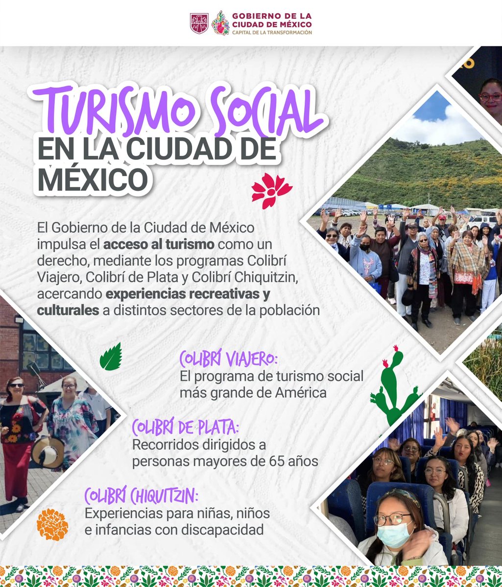 GobCDMX's tweet photo. 🧳✨ Viajar también es un derecho.

Con los programas Colibrí Viajero, Colibrí de Plata y Colibrí Chiquitzin, el Gobierno de la Ciudad de México impulsa el turismo social para que más personas disfruten de experiencias recreativas, culturales y de convivencia. 💚

¡Porque el acceso al turismo es un derecho, no un privilegio!
