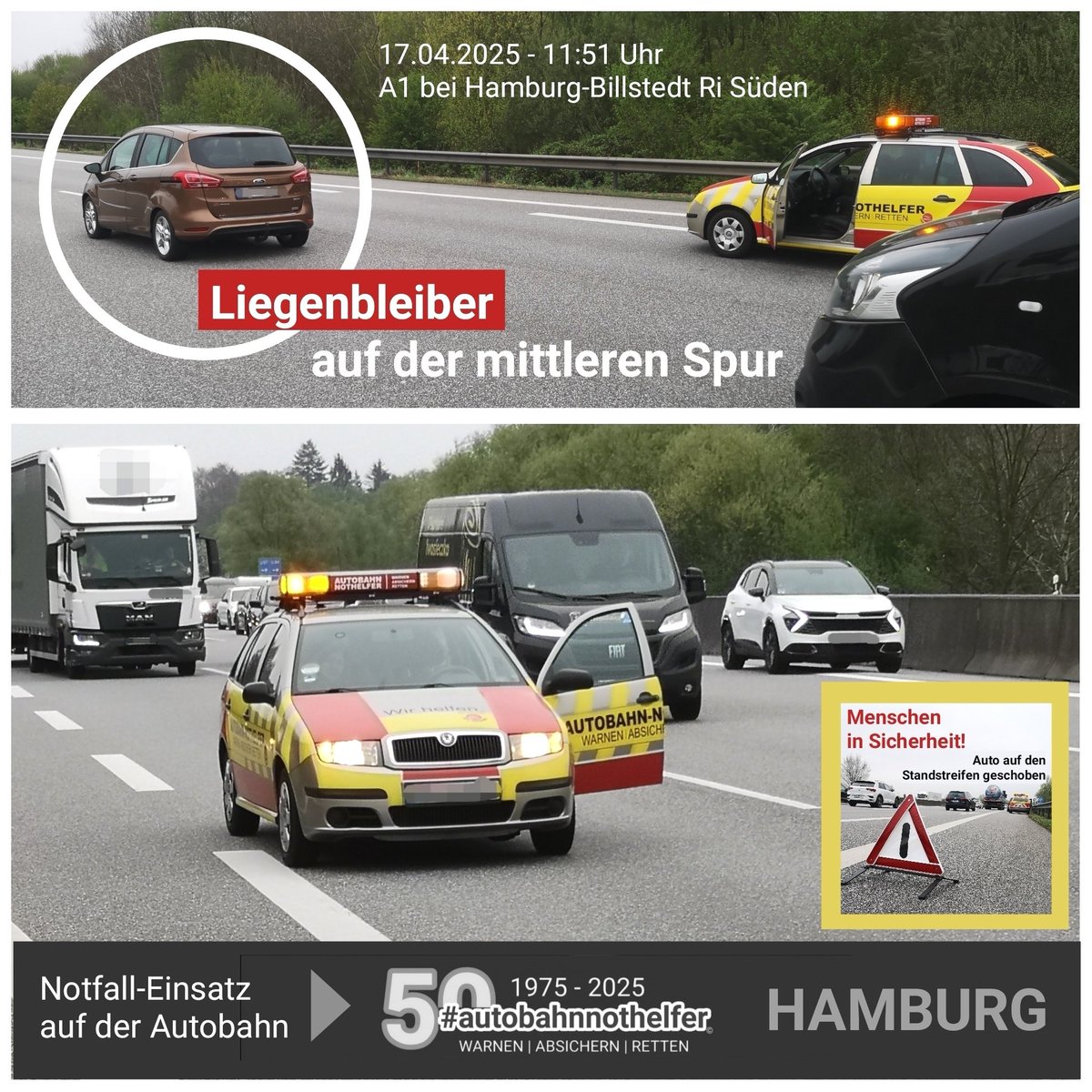 A1nothelfer's tweet photo. #Hamburg #Rothenburgsort - 
2025: 50 Jahre (1975-2025) #autobahnnothelfer .
#WARNEN | #ABSICHERN | #RETTEN. #Rettungsinitiative.
Mehr als 3000 #Einsätze und Hilfeleistungen im Norden. https://t.co/IiKSxkH0lc