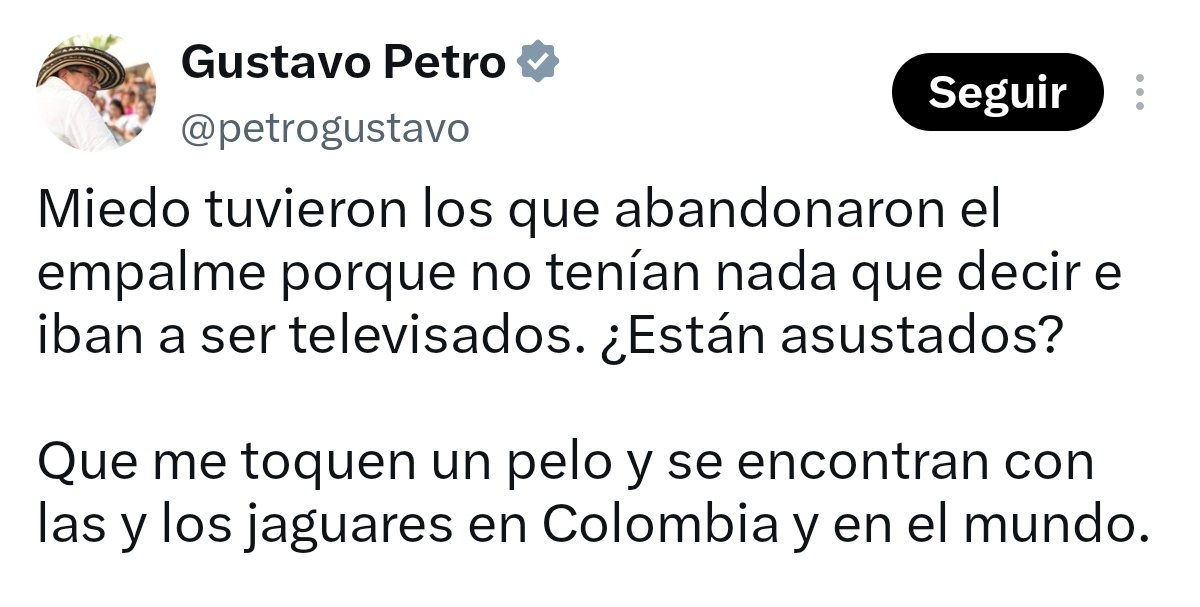 santiuribedel10's tweet photo. "Que me toquen un pelo y se encontrarán con las y los jaguares en Colombia y el mundo".

¡Dictador golpista! https://t.co/HMKYznfKKJ