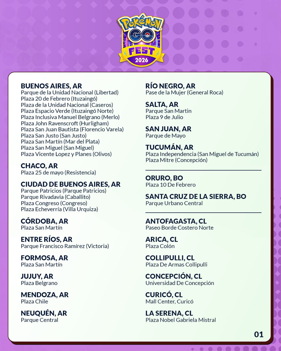 PokemonGoAppLA's tweet photo. ¡Celebren el Festival de Pokémon GO 2026: Global en todo Latinoamérica! 

Chequen todas las ciudades que albergarán quedadas organizadas por Embajadores de las comunidades locales 🤩 https://t.co/H1YJhjtD7I