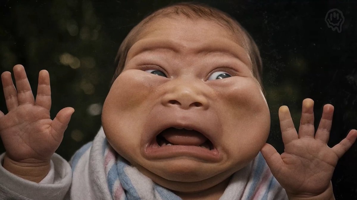 A close-up, distorted photograph of a baby with an oversized head and large cheeks, pressing its hands against what appears to be glass.
