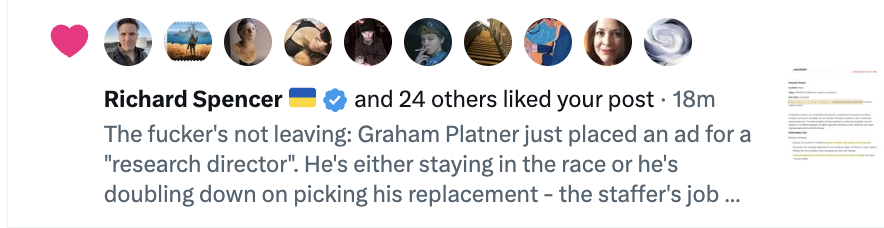 capitolhunters's tweet photo. Not sure what it means that Richard Spencer, who helped organize the racist Unite the Right march in Charlottesville, just liked this announcement that Platner was refusing to accept "no" and digging in to hold Maine hostage. 6/ https://t.co/GCywBJL96H