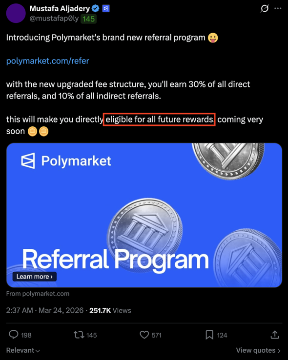 kober1337's tweet photo. If there is a future $POLY airdrop, two metrics may matter a lot:

Fees (taker tier rebate) and referrals.

When the referral system and Taker Rebate tiers were announced, @mustafap0ly hinted that these programs could affect eligibility for large future rewards.

Proof 1: https://t.co/i5ugzhEmTi

Proof 2: https://t.co/R0XYDI5DGU

Let’s look at the Fees Paid Leaderboard:
https://t.co/mwoRyK7nkz

A large number of traders have already paid tens or hundreds of thousands of dollars in fees. Some have paid even more.

The encouraging part is that Taker Rebates are structured around tiers, which may reduce the chance that only the very top fee payers capture most of the rewards.

Referrals look more complicated:
https://t.co/QSIH5wEpUQ

There are traders with tens of thousands, and even hundreds of thousands, in Referral Rewards. Some of these wallets appear to be linked to self-referral activity.

If future rewards for referrals are distributed linearly, the largest referral farmers could capture a very large share of the rewards.

What do you think about this?