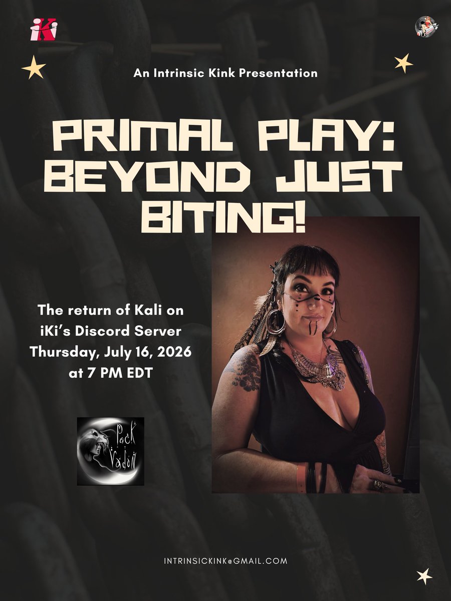 IntrinsicKink's tweet photo. Join us on iKi's Discord server on Thursday, July 16, 2026 @ 7 PM EDT for this class on Primal play and instinct-driven power exchange. Our friend Kali offers this free, in-depth intro to Power Play. Also check out our Resident Pro, @IsabellaDollish https://t.co/JEMWbZemzr