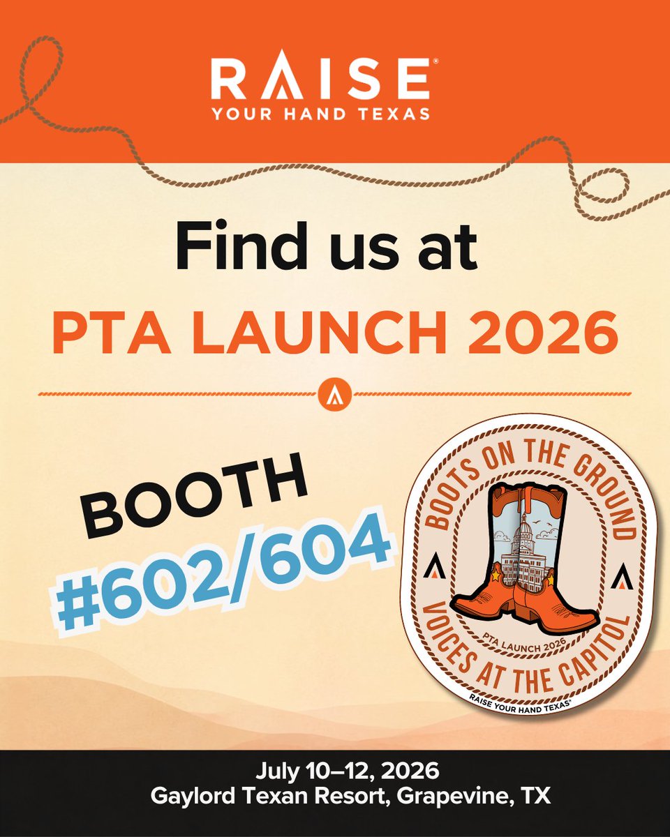 RYHTexas's tweet photo. The Raise Your Hand Texas team will be at #TxPTALaunch26!

Be sure to stop by Booth 602/604 and participate in our interactive Advocacy Activity to claim your custom Raise Your Hand Texas + @txstatepta LAUNCH 2026 Sticker or fun Cowbell!

We have a limited supply, so be sure to visit us at Booth #602/604 before we run out!