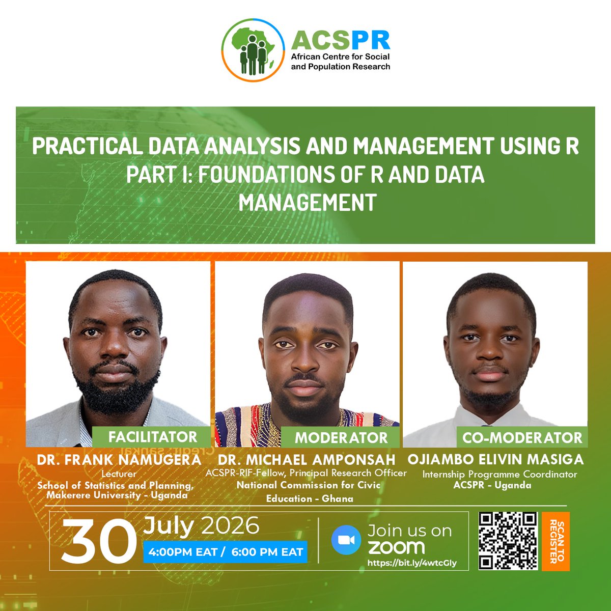 acspr2025's tweet photo. 📢 Upcoming ACSPR Webinar

 Practical Data Analysis and Management Using R
Join us for Part 1: Foundations of R and Data Management on 30 July 2026, 4:00–6:00 PM EAT via Zoom.

🔗 Register: https://t.co/TALKrISjHF

#ACSPR #RProgramming #DataAnalysis #ResearchMethods https://t.co/4duc6TVJjG