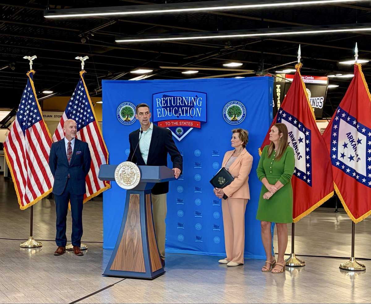SenTomCotton's tweet photo. Today, @EDSecMcMahon approved Arkansas’ Returning Education to the States waiver, which cuts bureaucratic red tape and puts students first.

I’ll continue to work with the Governor and Secretary to improve education in Arkansas. https://t.co/Xjr0h9LmP2