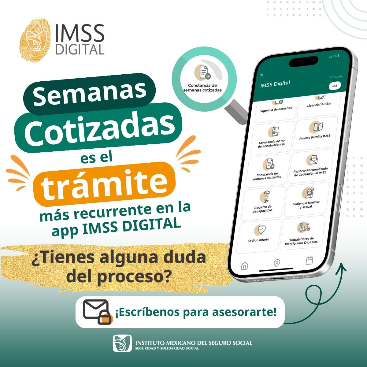 imssdigital's tweet photo. ¡𝐆𝐫𝐚𝐜𝐢𝐚𝐬 𝐩𝐨𝐫 𝐭𝐮𝐬 𝐜𝐨𝐦𝐞𝐧𝐭𝐚𝐫𝐢𝐨𝐬!
Ahora sabemos que el trámite más recurrrente que realizan nuestros derehohabientes en la app 📱 #IMSSDigital es la 𝐂𝐨𝐧𝐬𝐭𝐚𝐧𝐜𝐢𝐚 𝐝𝐞 𝐒𝐞𝐦𝐚𝐧𝐚𝐬 𝐂𝐨𝐭𝐢𝐳𝐚𝐝𝐚𝐬.
Si tienes alguna duda sobre este trámite ¡ponte en contacto con nostros!