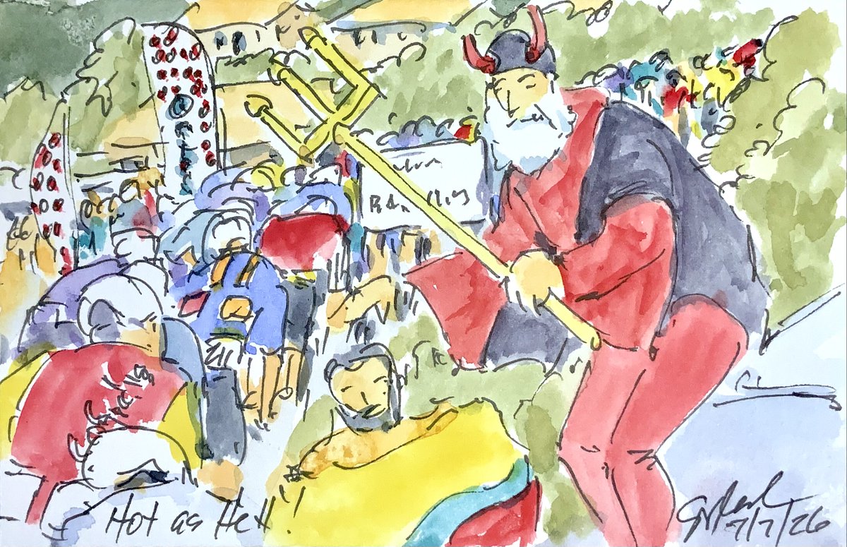 ArtofCycling's tweet photo. Bridget's favorite from Stage 4 of @LeTour, "Hot as Hell!" See all of my #TDF2026ᴿᴾ #cycling #art #watercolors soon at https://t.co/4j6uLsXUV0 #Devil #cyclisme #ciclismo #weilrennen All of my Tour #artwork is for sale https://t.co/oiw5DNH1FU