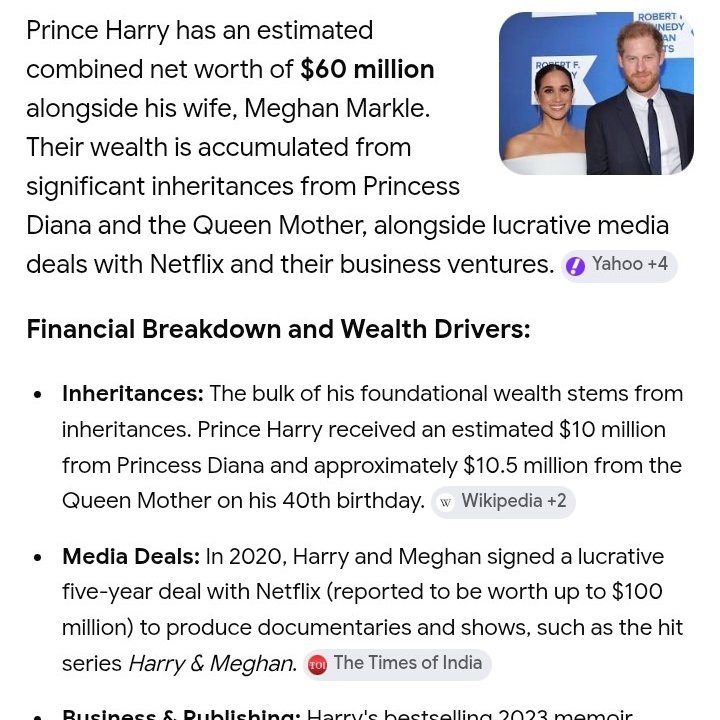 Canellelabelle's tweet photo. When your "Inflated" net worth on Google is reportedly $60 million, but the very real court bill you are staring at after losing your case is well over £50 million that you owe in the UK...😂🤣😭 
      The Reality here is that H&M are not worth ANYWHERE near $60 million. This info takes into account the lies they told about having a $100 million deal with Netflix which was debunked by Netflix. 
   Their production company makes exactly no money, their projects are all kaput and their private security expenses are high. 
   So I bet you this bill is higher than their true actual Net worth😏
     The second reality here is that Harry's lawyers played him like a fiddle, but he is too unintelligent to figure it out. This case was never worth litigating in court:
•First and foremost, all the evidences and testimonies presented were outrageous allegations to pull at emotion but they lacked any substance or evidences to support it; 
• Second, when evidences were presented showing that there was never any hacking necessary because Harry himself, his friends and circle were all willfully leaking to the press, and that Harry was directly working with female journalists from the Daily Mail, under Facebook aliases, his lawyers should have advised him to settle;
• Finally, as the court bill were accumulating, his lawyer and Harry besides, should have realised that it was getting too costly to litigate and that they were at a stalemate. They should have sought a settlement or simply cut their losses and bailed. They still did not.🤦🏽
    Harry's lawyers played their dim client very well. They know he craves publicity and recognition and they catered to his ego and encouraged him to bring this bogus lawsuit, to take the stand and make a fool of himself. This was an empty fishing expedition and they lead him like a child in a candy store🫠
   In the end, Harry lost and owes millions in court fees, and his lawyers are still collecting a hefty check from him for their "Time and effort". Meanwhile he owes the equivalent of his "estimated" net worth on only ONE court case😵‍💫
   If Harry was not who he is and did not have a "rich daddy" to bail him out and use his connection to always save Harry from the consequences of his egotistical stupidity, his lawyers would have bankrupt him on this one case alone🔥
  Let that sink in and realise how incredibly daft, and destructive this dimwit is☕️