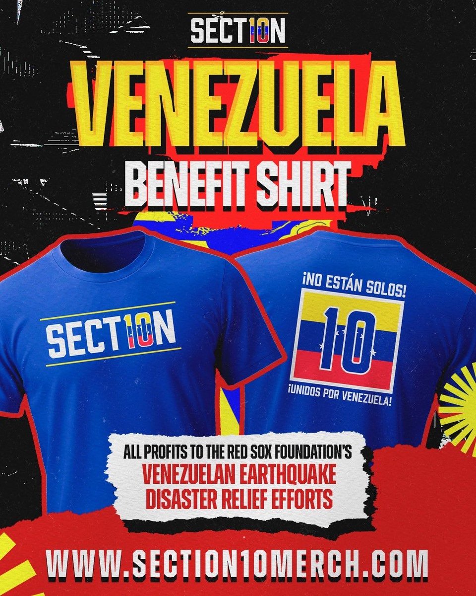 Jared_Carrabis's tweet photo. Venezuela Section 10 shirts are available now. All profits go directly to the Red Sox Foundation’s earthquake relief efforts💙

Buy here: https://t.co/UoMfVBHoMt https://t.co/4XRfb2aCxS