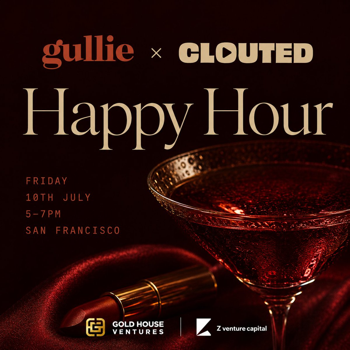 knottedbrains's tweet photo. mini @gullieapp  x @CloutedHQ  happy hour this month in SF, for 25 humans building in AI Infra, Robotics &amp; Enterprise this friday with @adrielyong ! Come through. https://t.co/W2mZnjnQbi

TY to our sponsors @GoldHouseCo  &amp; @ZVC_Official! https://t.co/oCWrCyg7Po