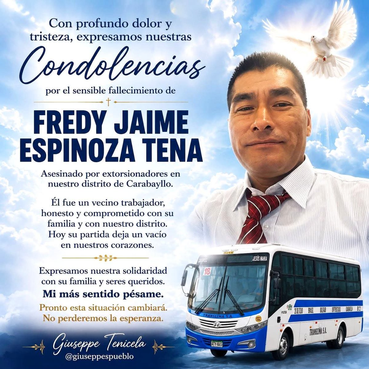 giuseppespueblo's tweet photo. Estoy profundamente triste por la perdida de un gran vecino, un hombre chamba y sobre todo un padre que salía a lucharla por los suyos: FREDY JAIME ESPINOZA TENA. https://t.co/YMPm7Seu8i