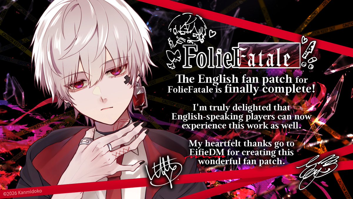 kanmidoko_info's tweet photo. ❤️‍🩹The English fan translation patch for FolieFatale is now available!❤️‍🩹
My heartfelt thanks go to EifieDM for all the hard work and dedication that went into creating this fan patch.
👇You can download it from the link below.
https://t.co/TjVVOlogkl

I hope many of you will enjoy experiencing FolieFatale in English!
