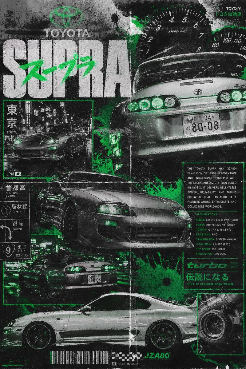 StatikVisuals's tweet photo. Toyota Supra MK4.
Editorial Poster Concept
Midnight Tokyo. 🟢
Which legendary cars should I do next?
#GraphicDesign #PosterDesign https://t.co/mahe825KUD