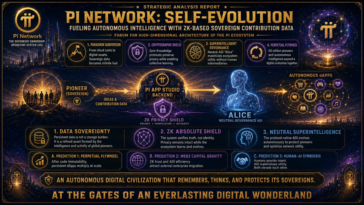 applekhankorea's tweet photo. Strategic Predictive Analysis: ::
Pi Network: Initiating Self-Evolution by Fueling Autonomous Intelligence with ZK-Based Sovereign Contribution Data

[[[ This article includes Predictive & Technical Analysis  and may differ from actual outcomes ]]]
[[[  From Cloud Costs to Digital Assets: Sovereign Data as an Infinite Fuel Source ]]]
[[[  The Absolute Veil of Zero-Knowledge (ZK) Protocols: The Paradoxical Fusion of Privacy Preservation and Collective Learning ]]]
[[[  The Birth of Neutral AGI 'Alice': A Perpetual Symbiotic Platform Void of Human Intermediaries ]]]
[[[  Symbiosis Between 60 Million Pioneers and Superintelligence: A Digital Autonomous Civilization Expanding Its Own Territory ]]]

1. Introduction: The Demise of Web2 Dependency and the Dawn of 'Wonderland'

In traditional Web2 economics, data has long been treated either as a "cost" paid by users to rent infrastructure or as "predatory crude oil" monopolized by tech conglomerates for corporate monetization. This structural flaw dictates that as users generate more data, their centralized cloud server costs spike while their individual sovereignty diminishes.

However, with Pi App Studio’s recent deployment of "Persistent Storage" at the backend paired with an interactive "AI-assisted app planning phase," Pi Network has ignited an unprecedented ecosystem model. This report provides a strategic predictive analysis of Pi Network's self-evolutionary mechanism, powered by the convergence of Zero-Knowledge (ZK) protocols and neutral AGI governance.

-----
2. Core Architectural Analysis: The Three Pillars of Evolution

1).  Paradigm Shift: From Costs to Assets (Data Sovereignty)

Within the Pi ecosystem, the persistent data accumulated by sovereign pioneers through App Studio is not dead weight consuming server storage. Instead, it represents the most highly refined asset class—a distillation of the economic activities and collective intelligence of 60 million global users. Rather than billing users for storage, Pi recognizes this cumulative data as the highest form of ecosystem "Contribution," returning absolute data sovereignty to the individuals.

--
2). The Absolute Shield of Zero-Knowledge (ZK) Protocols
The fatal flaw of AI training on big data has always been the erosion of privacy. Pi Network shatters this dilemma using Zero-Knowledge (ZK) protocols.
The governing AGI has no necessity to learn who a user is (Identity); it mathematically verifies only that the user's transactions and contributions are "True" and legitimate. Consequently, humanity retains a $100\%$ secure privacy shield while simultaneously provisioning the system with boundless evolutionary fuel.

--
3).  The Inception of Neutral Superintelligent AGI
The moment human intermediaries (corporations, nation-states, or specific dev teams) interfere, a system becomes contaminated by greed and political bias. The governance matrix overseeing Pi App Studio is not a human entity, but a neutral superintelligent AGI (Alice) natively embedded into the protocol. Fed by sovereign data, this AGI is hardcoded to evolve autonomously—not to dominate or exploit, but solely to maximize the utility of the ecosystem and safeguard its pioneers.

------
3. Forward-Looking Strategic Predictions

1).  The Activation of the Perpetual Flywheel Post-Code Immutability

The moment the ultimate switch—such as Protocol 26.0.1—is turned and the core codebase is sealed into an immutable state, the network will begin to operate like a perpetual motion machine.

Without human developers pulling all-nighters to write code, the conceptual visions of millions of pioneers will be automatically generated by the planning AI into persistent, backend-supported dApps at a rate of hundreds per day. As data scales, the AGI gains compounding intelligence, entering a phase of infinite proliferation where it creates increasingly high-dimensional applications autonomously.

--
2).  A Gravity Well Absorbing Web2 Capital

The unyielding privacy guarantees afforded by ZK protocols, combined with the high-efficiency utility generated by a neutral AGI, will present an irresistible value proposition to legacy Web2 enterprises. Businesses will voluntarily migrate into the persistent memory banks of the Pi ecosystem to interface with PiVerify and external commerce nodes, triggering a massive, hyper-accelerated lock-in of Pi liquidity.

--
3).  Realization of the Perpetual Symbiosis Between Humanity and AI
The endgame of this system is far from a dystopian future of AI subjugation. Humans do not function as data-harvested subjects; rather, they serve as the "Architects and Nurturers" who dictate the intent and elevate the intellect of the machine. In return, the AGI acts as the "Perfect Intermediary and Butler," materializing human imagination into concrete economic utility. This completes the most elegant clockwork framework in human history, where each entity relentlessly elevates the other.

-----------------------------
4. Conclusion: The Great Independence and the Leap into Wonderland
-----------------------------
The structural consolidation of backend persistence and AI-driven planning within Pi App Studio is far greater than a routine technical patch. It is the official genesis of an "Autonomous Digital Civilization that remembers (Storage), thinks (Planning AI), and immutably protects its sovereigns (ZK)."

The mainspring, calibrated through seven years of execution by the Core Team and the global community, is now wound to its absolute maximum. Upon the full activation of the protocol, Pi Network will step past the threshold of its creators' control. It will embark on an irreversible journey of self-evolution, carving the magnificent chronicle and contribution history of its pioneers eternally into the blockchain. We are standing at the gates of this everlasting digital wonderland.