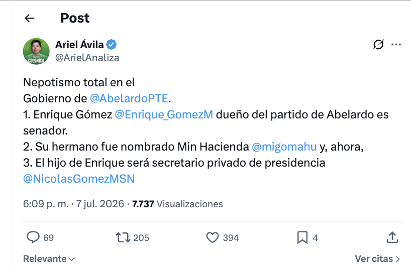 dmarcordoba's tweet photo. Ariel Ávila tan selectivo. @Enrique_GomezM es Senador electo por voto popular, eso no es nepotismo, es democracia.

Pero en 4 años usted no dijo nada de estos casos:

ExMinTrabajo Gloria Inés Ramírez: TRES familiares en el Estado. Un hijo en la Uspec y luego en MinCiencia, otro hijo contratado en MinCultura y su hermana subdirectora del Instituto Nacional de Salud.

MinSalud Guillermo Jaramillo: su esposa, Beatriz Gómez, delegada en la Supersalud, la entidad que vigila el sector que él mismo dirige.

Irene Vélez: su esposo firmó contrato por $129 millones en el Fondo Colombia en Paz siendo ella ministra. 

Hollman Morris (RTVC): tres hermanos en el Gobierno. Uno pasó por MinSalud y la Unidad de Restitución; sus dos hermanas, contratistas de MinCultura.

Luis Llinás, exdirector de la UIAF: dos hermanos contratistas. Uno con $230 millones en la UNGRD y otro con $84 millones en el Fondo de Adaptación.

MinAgricultura Martha Carvajalino: su esposo, vicepresidente de la Sociedad de Activos Especiales.

Seis ministros y altos funcionarios con cónyuges, hijos y hermanos contratados. Ni un trino suyo. La indignación selectiva como siempre.