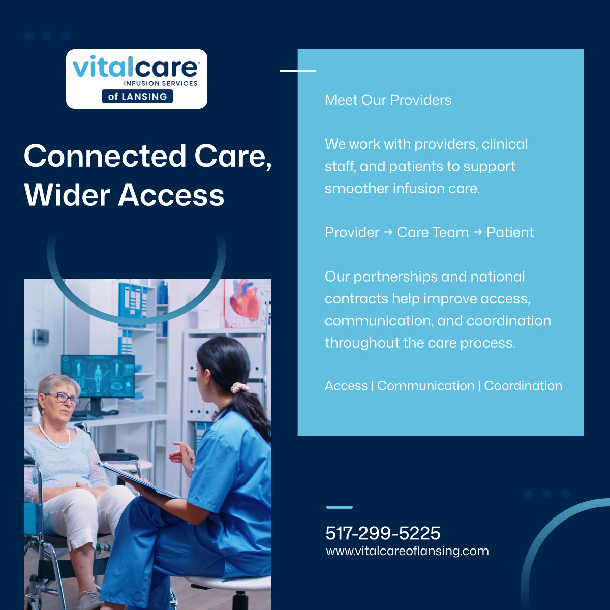 VitalCareInfuse's tweet photo. Strong care works better when the right people stay connected. 🤝🩺 Vital Care Infusion Services of Lansing supports collaboration between providers, patients, and care teams. 💙 

#OkemosMI #InfusionTherapy #ProviderSupport #CoordinatedCare #HealthcareAccess https://t.co/98bRQ86iNc