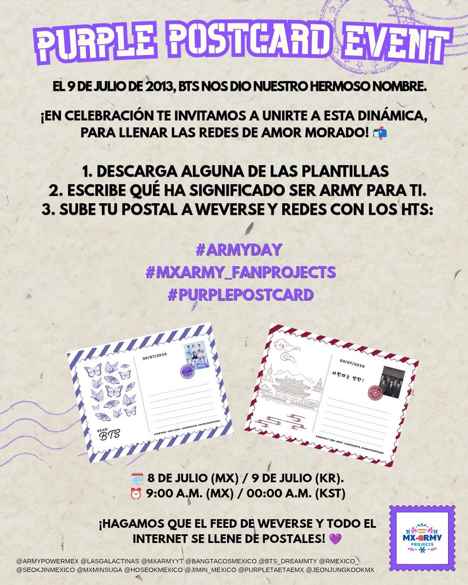 PurpleTaetaeMX's tweet photo. 💌 THE PURPLE POSTCARD EVENT 💜

¡ARMY celebremos nuestro aniversario! 📬 

- Descarga una plantilla: https://t.co/8oyz5fYwv8
- Escribe tu mensaje
- Sube tu postal a redes sociales

Usa los HTs: #ARMYDay #MXARMY_FANPROJECTS #PurplePostcard

🗓️ Inicio: 8 de Julio (🇲🇽 Centro) 9AM https://t.co/zUIA7riIDI