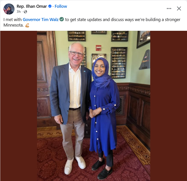 PecanC8's tweet photo. Ilhan Omar: "I met with Governor Tim Walz to get state updates and discuss ways we're building a stronger Minnesota."

Really.

I have a suggestion:  Prosecute them both for the fraud they perpetuated on their state. That's one way. https://t.co/k80tPGbWvN