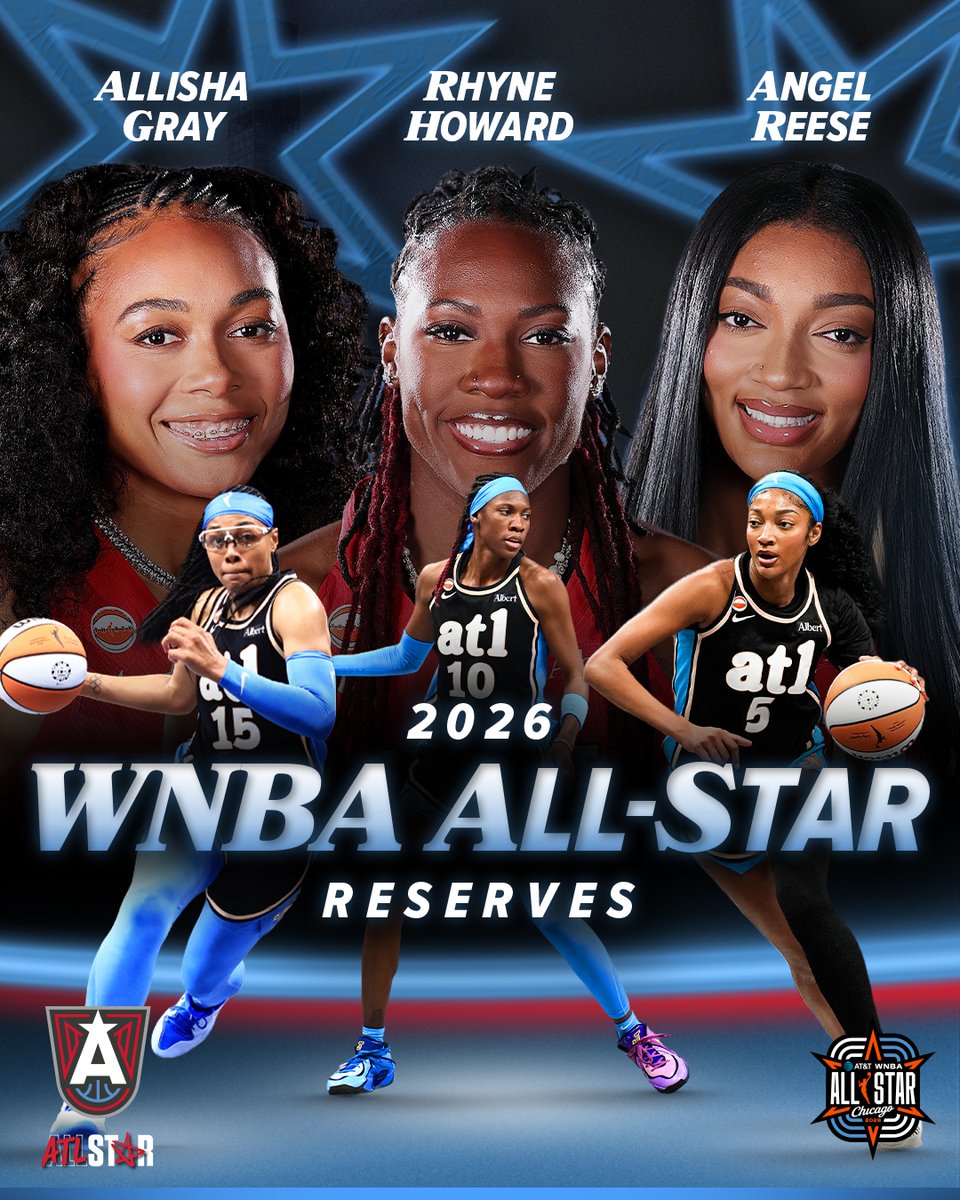 AtlantaDream's tweet photo. From ATL ✈️ to the CHI!  

Allisha, Angel, and Rhyne are headed to the 2026 WNBA All-Star Game! Congratulations, All-Stars ⭐️ https://t.co/9kzeAiKWVf
