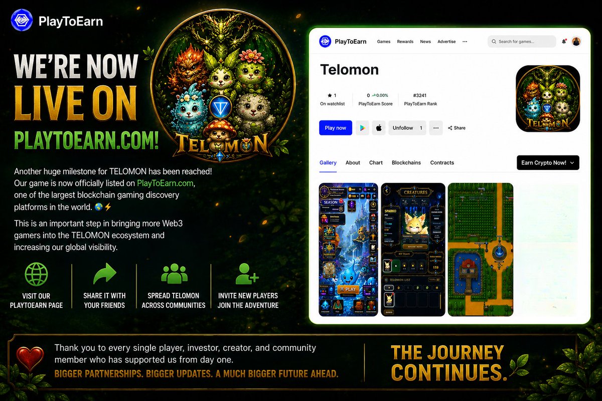 telomontelegram's tweet photo. 🚀 WE'RE NOW LIVE ON https://t.co/lCJNMSI7GW! 🎉

Another huge milestone for TELOMON has been reached!

Our game is now officially listed on https://t.co/WuaUac0AYO, one of the largest blockchain gaming discovery platforms in the world. 🌍⚡

This is an important step in bringing more Web3 gamers into the TELOMON ecosystem and increasing our global visibility.

🔥 Check out our official page:
https://t.co/YrrYPCWL9o
If you're already part of the community, this is the perfect time to help us grow!

❤️ Here's how you can support us:
• Visit our PlayToEarn page.
• Share it with your friends.
• Spread TELOMON across your communities.
• Invite new players to join before the next major updates arrive.

Thank you to every single player, investor, creator, and community member who has supported us from day one. Bigger partnerships, bigger updates, and a much bigger future are ahead.
The journey continues. 🚀
#TELOMON #TON #PlayToEarn #Web3Gaming #BlockchainGaming #GRAM