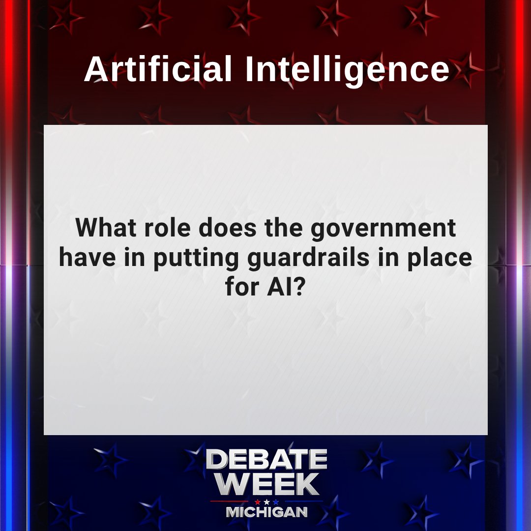 WLNS's tweet photo. More on AI at the #MISenDebate: What role does the government have in putting guardrails on AI? https://t.co/f5eNm5pCvD https://t.co/RO4Fwux1Ul