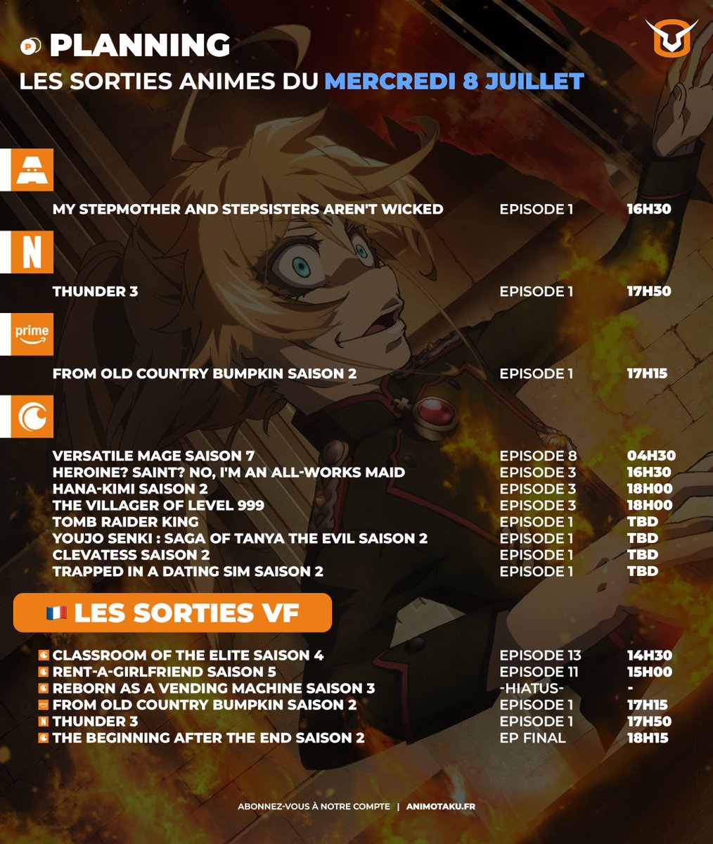 AnimOtaku_fr's tweet photo. 🔶 Bon mercredi à tous ! Voici les sorties animes du 8 juillet :

- My Stepmother and Stepsisters EP1. 👑
- Thunder 3 EP1. ⚡
- From Old Country Bumpkin S2 EP1. ⚔️
- Hana-kimi S2 EP3. 🌸
- The Villager of Level 999 EP3. ���
- Tomb Raider King EP1. 🗡️
- Saga of Tanya the Evil S2 EP1. 🪖
- Clevatess S2 EP1. 😈
- Trapped in a Dating Sim S2 EP1. 🤖

Bon visionnage !

#anime