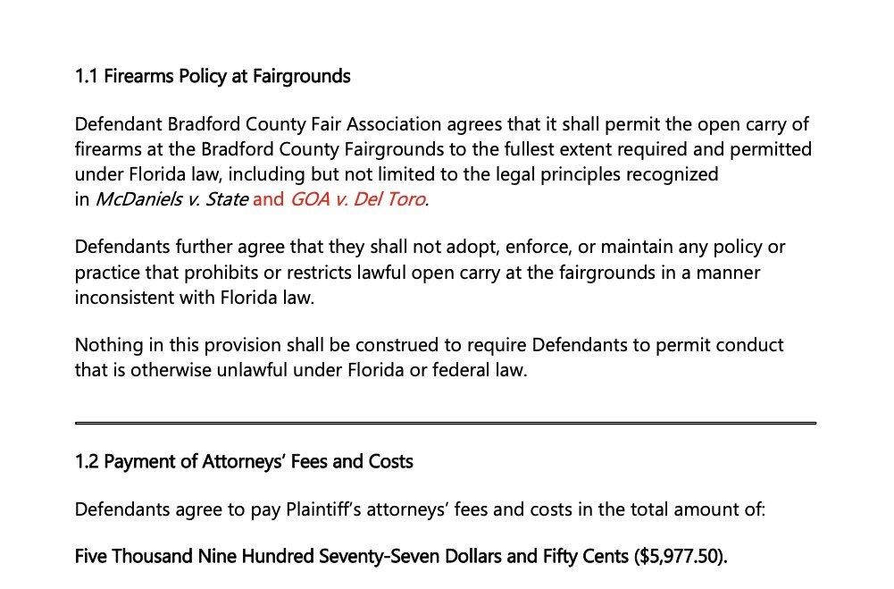 AnthonySabatini's tweet photo. BIG LEGAL WIN—Today Bradford County & the Bradford County Fair Association APPROVED a settlement in our 2nd Amendment case, Chris Rose v. Bradford County Fair Association, where our firm represented a citizen challenging the illegal BAN on the open carry of firearms at county fairgrounds.  The settlement obligates the County Fair Association to permit the open carry of firearms at the County Fairgrounds to the fullest extent under Florida law, including but not limited to the legal principles recognized in McDaniels v. State and GOA v. Del Toro. ✔️

Defendants also have agreed to pay our attorneys' fees and costs ✔️

The settlement confirms that public statutory entities like fair associations have NO authority to ban Open Carry in Florida 🇺🇸