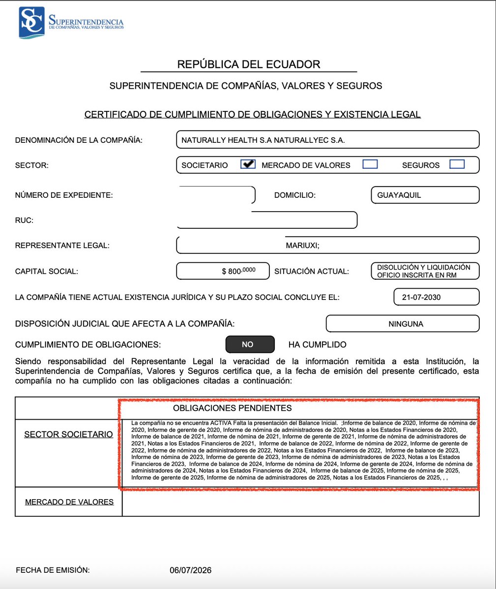 AndresDuranEc's tweet photo. Ronald Cantos no solo representa legalmente a los choneros, también es un "prolífico" empresario. Se dedica a la "FABRICACIÓN DE SUSTANCIAS MEDICINALES ACTIVAS QUE SE UTILIZAN POR SUS PROPIEDADES FARMACOLÓGICAS" a través de la compañía NATURALLY HEALTH S.A NATURALLYEC S.A. Esta es la constitución de la empresa que fue creada en el año 2020 y disuelta el 14 de abril de 2025. Nunca tuvo permisos para la comercialización de químicos en el Ecuador. Tampoco ha reportado ningún tipo de actividad económica o financiera ante los entes de control, ¿empresa fachada?