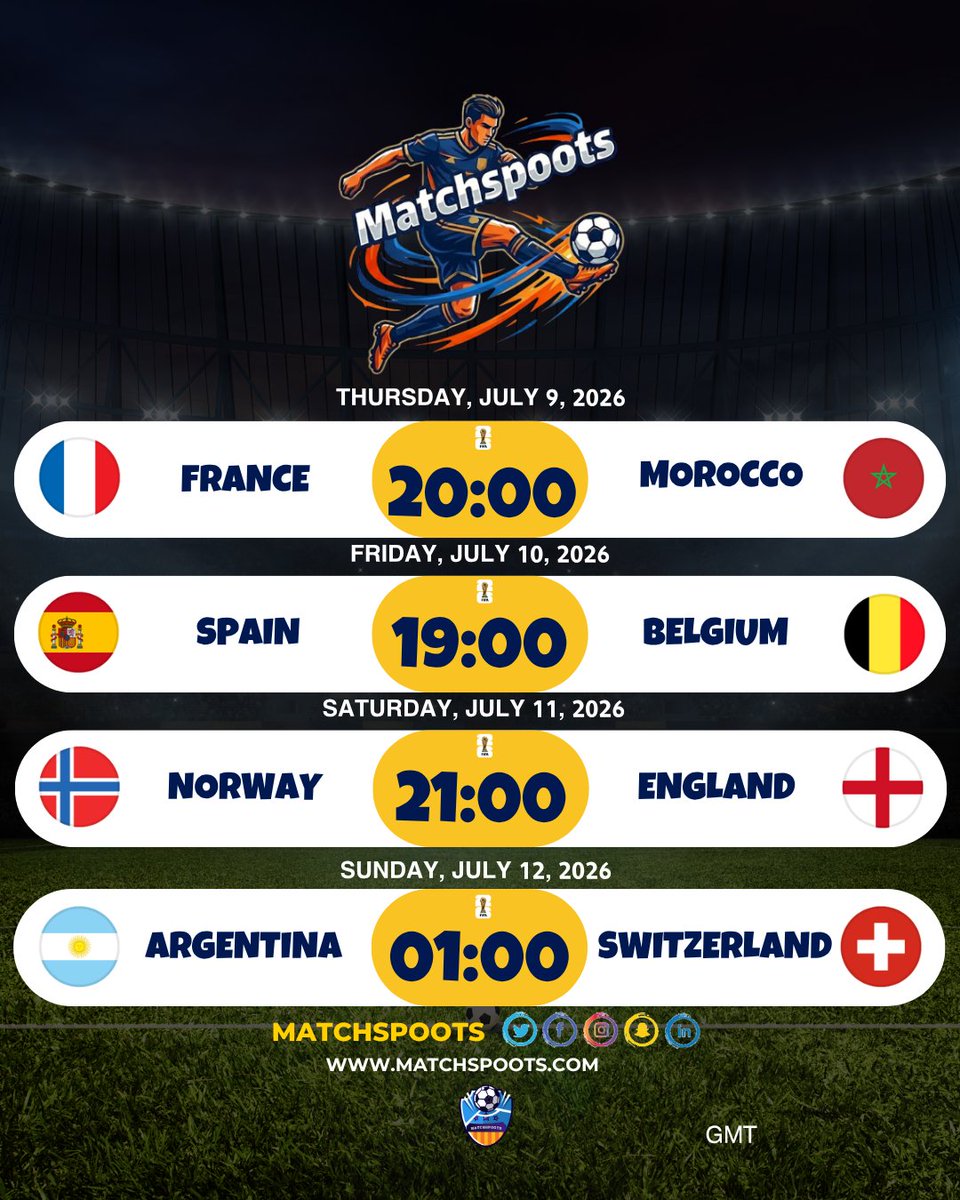 MatchDaay's tweet photo. 🚨 OFFICIAL: The Road to Glory Narrows! The World Cup 2026 Quarter-Finals Bracket is Set! 🏆🔥⚽

#WorldCup2026 #QuarterFinals #Morocco_France #Argentina #Spain #Norway #Switzerland https://t.co/fOnzNSgzpz