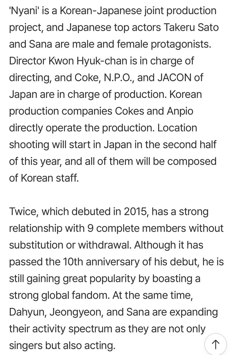 pydhtw's tweet photo. OMG, Actress Sana is coming! 🎬✨

After 11 years since her debut, Sana is officially making her acting and big-screen debut as the female lead in the Korea–Japan co produced film Nyangi (working title), starring alongside top Japanese actor Takeru Satoh.

The film will be directed by Kwon Hyuk chan, the director behind hit K-dramas such as Secret Garden, A Gentleman’s Dignity, Cinderella and Four Knights, and Lie to Me.

We can’t wait to see Actress Sana!🥹💜