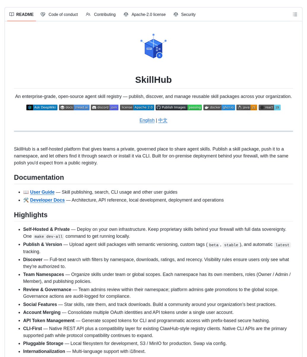 SkillHub repository card showing an enterprise skill registry with Docker, Java, React, and governance-oriented packaging