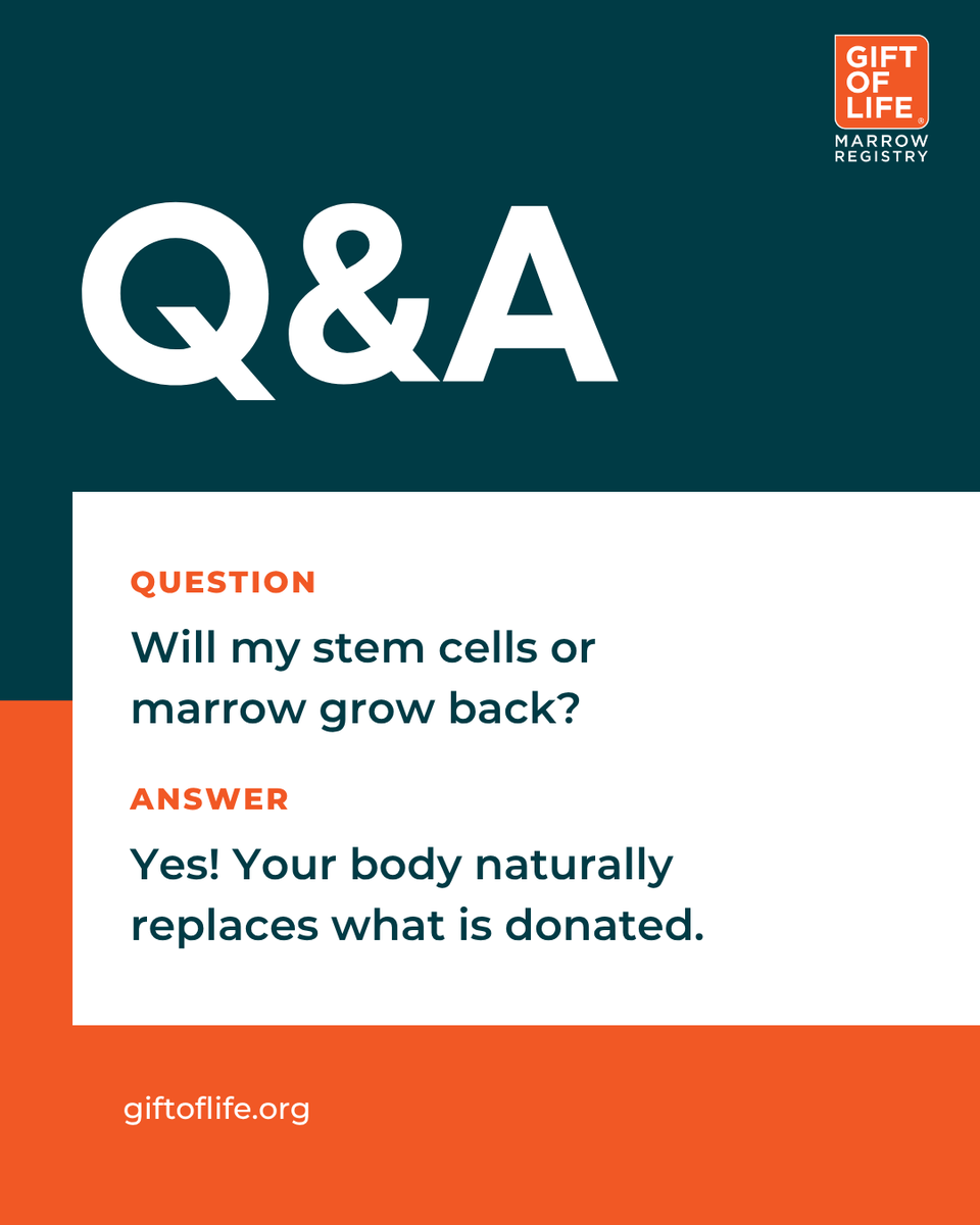 GiftofLife's tweet photo. The answer is yes. 🧡 Your body naturally replenishes what is donated. Blood stem cells are continuously produced, and marrow regenerates within a few weeks after donation. Have another question about donation? Leave it below! 👇
#CureBloodCancer #StemCellDonation #YouCure https://t.co/BDycHWY2mk