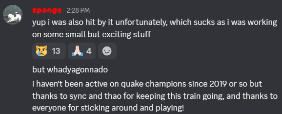 SIBtheRAW's tweet photo. Another Quake developer from iD Software named sponge (Michael Rubits) was also fired by Microsoft in the same batch as SyncError (Adam Pyle) yesterday. As well as these people that we know of so far:

Chad Mossholder 
Colin Geller 
Hammed Al-Tamimi 
Alexis List 
Taylor Offill 
Tom Perryman 
Dane Hellyer 
Chris Street 
Michael Maynard 
Kandis Daniels 
Jerry Keehan 
Timothy Locke 
Roger Berrones 
Alan Rogers 
Dustin Land 
Sean Connolly 
Alexis Stengel 
Johnmichael Quinlan 
Denzil O'Neill 
Avacyn Shurmon