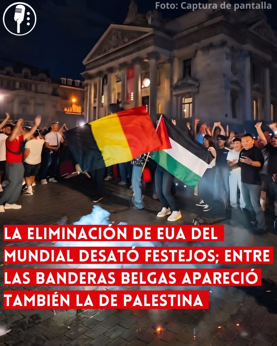 ReporterosMX_'s tweet photo. ⭕ OJO | LA ELIMINACIÓN DE EUA DEL MUNDIAL DESATÓ FESTEJOS; ENTRE LAS BANDERAS BELGAS APARECIÓ TAMBIÉN LA DE PALESTINA 

Los hinchas belgas festejaron en Bruselas tras eliminar a Estados Unidos del Mundial de 2026. Entre las banderas nacionales, también apareció una bandera palestina en la celebración callejera frente a la Bolsa. https://t.co/fB7XYlfH3V