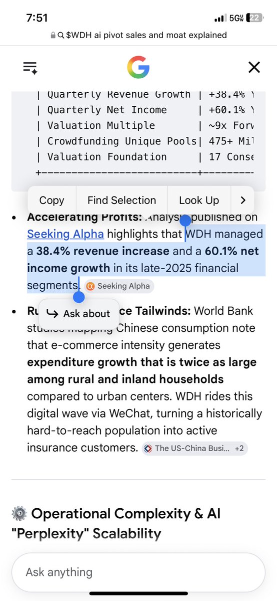 HunterAllen4's tweet photo. $WDH 

A Chinese scam?

Or one of the cheapest profitable AI growth companies in the market?

This isn’t another cash-burning China story.

Watch for volume and keep eyes, not my favorite setup but an interesting one. 

It’s becoming an AI-native insurance and healthcare platform.

And I still believe many of those are only getting started.

Now I’m watching $WDH.

Look at $LMND, $OSCR, $HUIZ, and even $PLTR for the blueprint.

Unlike traditional insurers that carry underwriting risk, Waterdrop operates an asset-light AI-powered insurance marketplace, technical services platform, medical crowdfunding ecosystem, and digital clinical trials network.

Every customer strengthens the data.

Every interaction improves the AI.

Every product expands the ecosystem.

Its business is built around:

• AI-powered insurance marketplace
• Technical services for insurers
• Medical crowdfunding
• Digital clinical trial recruitment
• AI underwriting & risk analytics

This creates multiple recurring revenue streams while requiring far less capital than traditional insurance carriers.

The AI opportunity may be even bigger.

Management is transforming Waterdrop into an AI-native company.

Already deployed:

• AI Insurance Expert
• https://t.co/U3QbObGrQV underwriting assistant
• Claw Copilot CRM
• AI-powered risk screening
• Intelligent recommendations
• 75+ LLM patent applications
• 100+ AI-related patents

Unlike many AI stories…

Management is already producing measurable results.

• AI Insurance Expert increased facilitated premiums 17.7% QoQ.
• AI generated roughly RMB 87M of incremental insurance premiums in Q1 alone.
• Technical services revenue exploded as AI underwriting, CRM, and analytics adoption accelerated.

This isn’t experimental AI.

It’s already driving revenue growth.

The moat may be even larger.

Waterdrop has quietly built one of China’s largest healthcare data ecosystems.

Current platform scale:

• 494M cumulative donors
• RMB 73.5B raised
• 3.75M patients helped
• 243+ pharma & CRO partners
• 15,500+ patients matched across 1,700+ clinical trials

That creates proprietary healthcare and insurance data that becomes more valuable as AI improves.

Global demand continues accelerating.

China remains one of the world’s largest underinsured markets.

Long-term tailwinds include:

• Aging population
• Rising healthcare costs
• Low insurance penetration
• Rapid digital insurance adoption
• AI-driven underwriting
• Expanding biotech & clinical trial demand

Growth has accelerated dramatically.

Recent results:

• FY2025 Revenue: ~$569M (+~50%)
• FY2025 Net Income: ~$81M
• Q1 2026 Revenue: +64.8%
• Insurance Revenue: +74.1%
• 17 consecutive profitable quarters
• ~$400M+ cash & short-term investments

Shareholders continue getting rewarded.

• ~$120M returned through buybacks
• Cash dividend
• Enterprise value remains remarkably low after adjusting for cash

One screen that caught my attention:

$PLTR
$CELH
$WDH

All currently meet:

• Revenue growth above 50%
• Gross margins above 50%
• Positive EBITDA
• Positive EBIT
• Operating income growth above 50%
• Gross profit growth above 90%
• Revenue above $600M
• Current assets above $700M
• Profit margins above 5%
• Less than 30% above 52-week lows

Upcoming catalysts:

• AI rollout across every business
• Technical services expansion
• Insurance penetration growth
• Clinical trial platform expansion
• Additional pharma partnerships
• Continued buybacks & dividends
• 2026 earnings acceleration

The risks are obvious.

China ADR sentiment.

Regulation.

Currency.

Competition.

Marketing ROI.

But if execution continues and sentiment toward Chinese equities improves…

Sometimes the market prices a company like it’s going out of business.

$WDH is acting like it’s just getting started.

Not financial advice. Always do your own research.